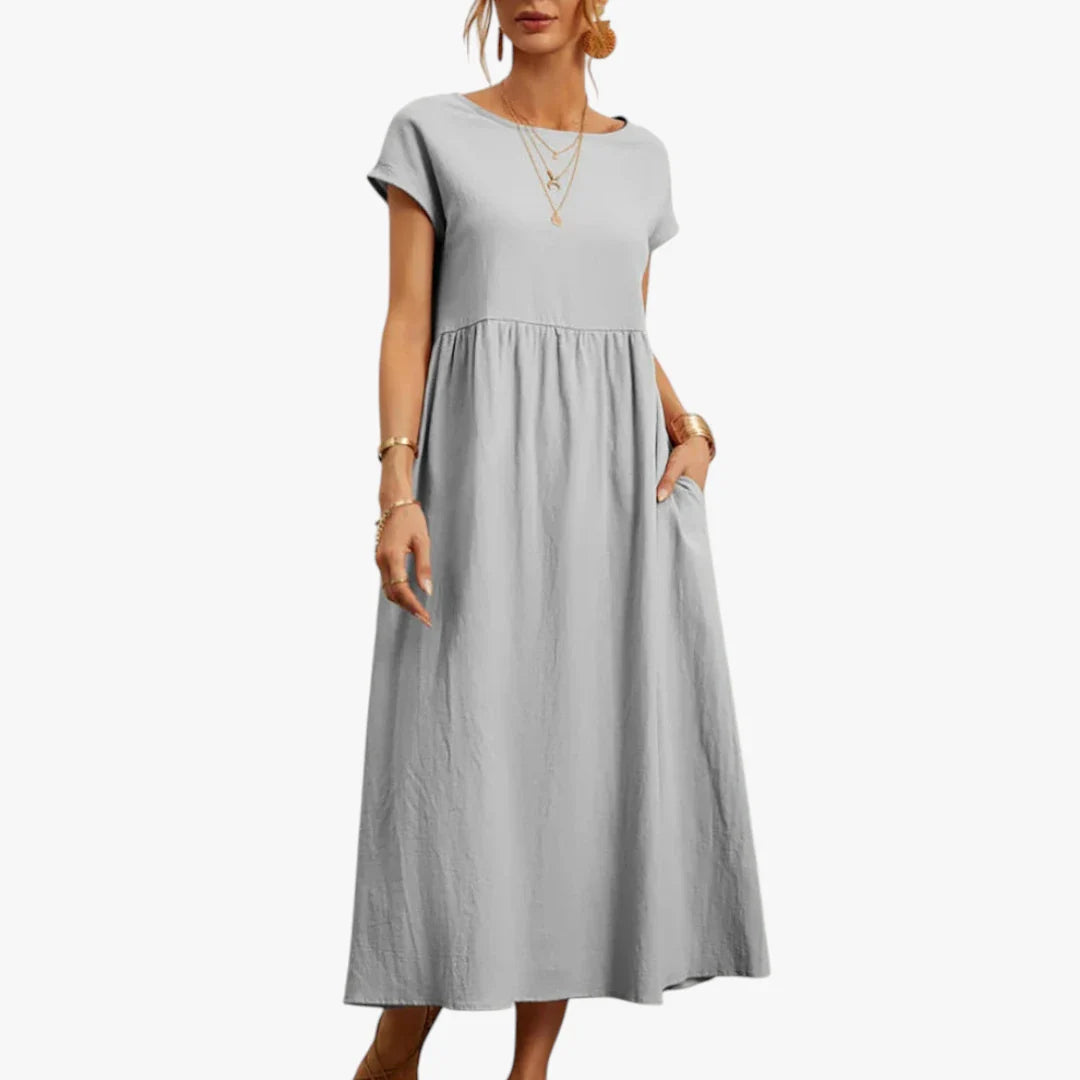 Dame Elegant Maxi Sommerkjole med Lommer og Rund Hals