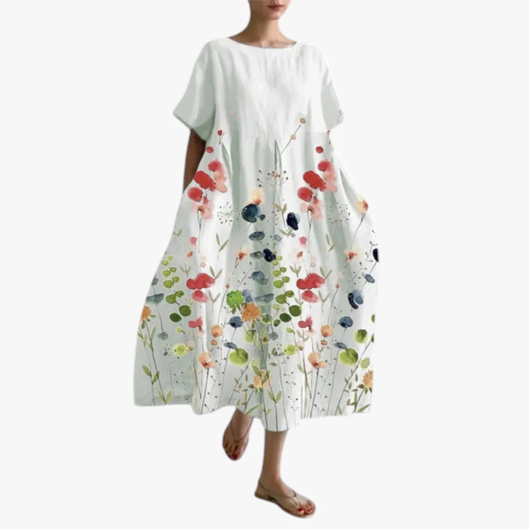 Dame Blomstret Midi Sommerkjole med Oversize Pasform og Rund Hals