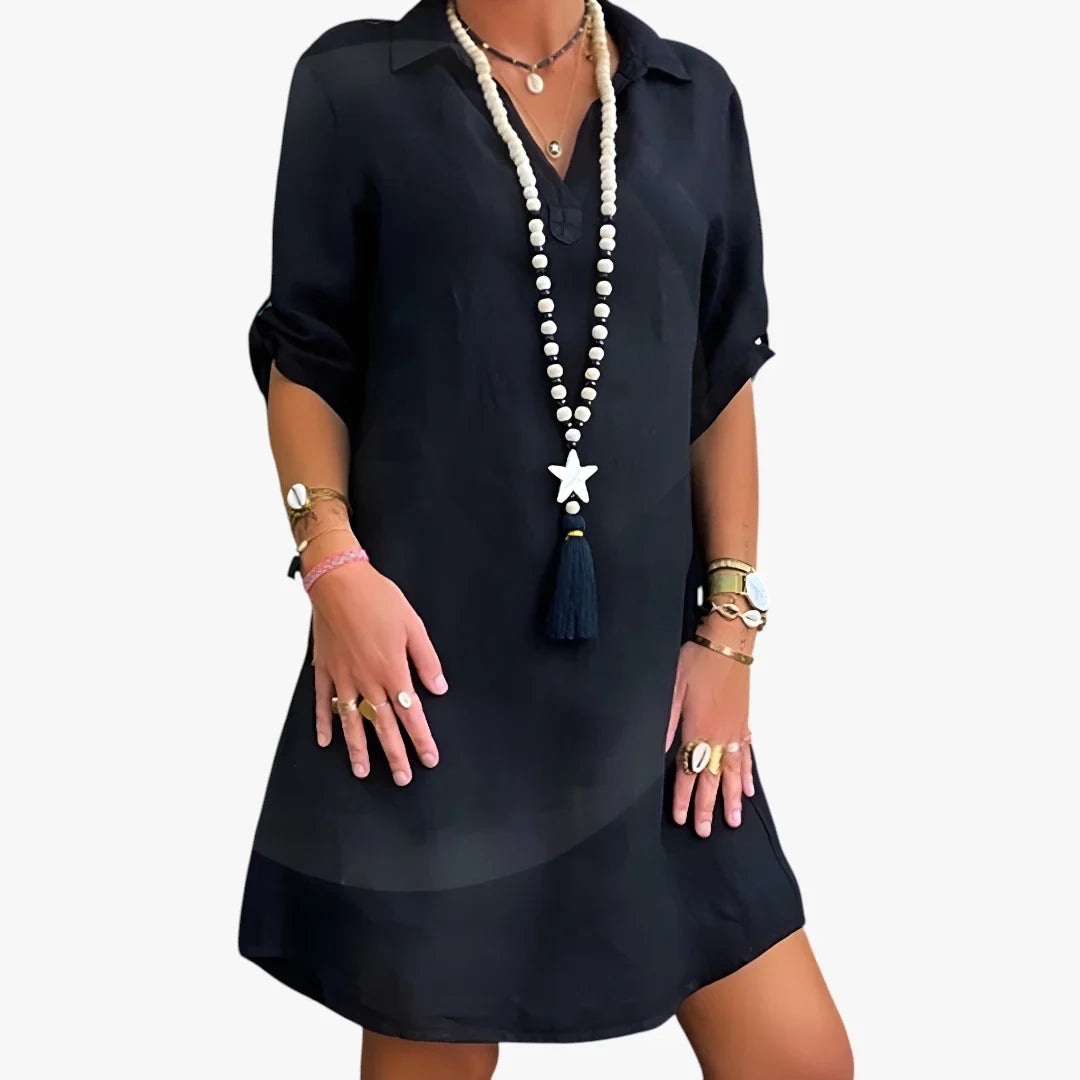 Dame Elegant Mini Sommerkjole med Lapel-krave og Løs Pasform