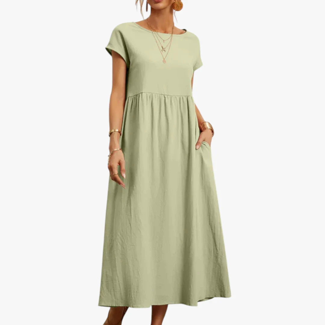 Dame Elegant Maxi Sommerkjole med Lommer og Rund Hals