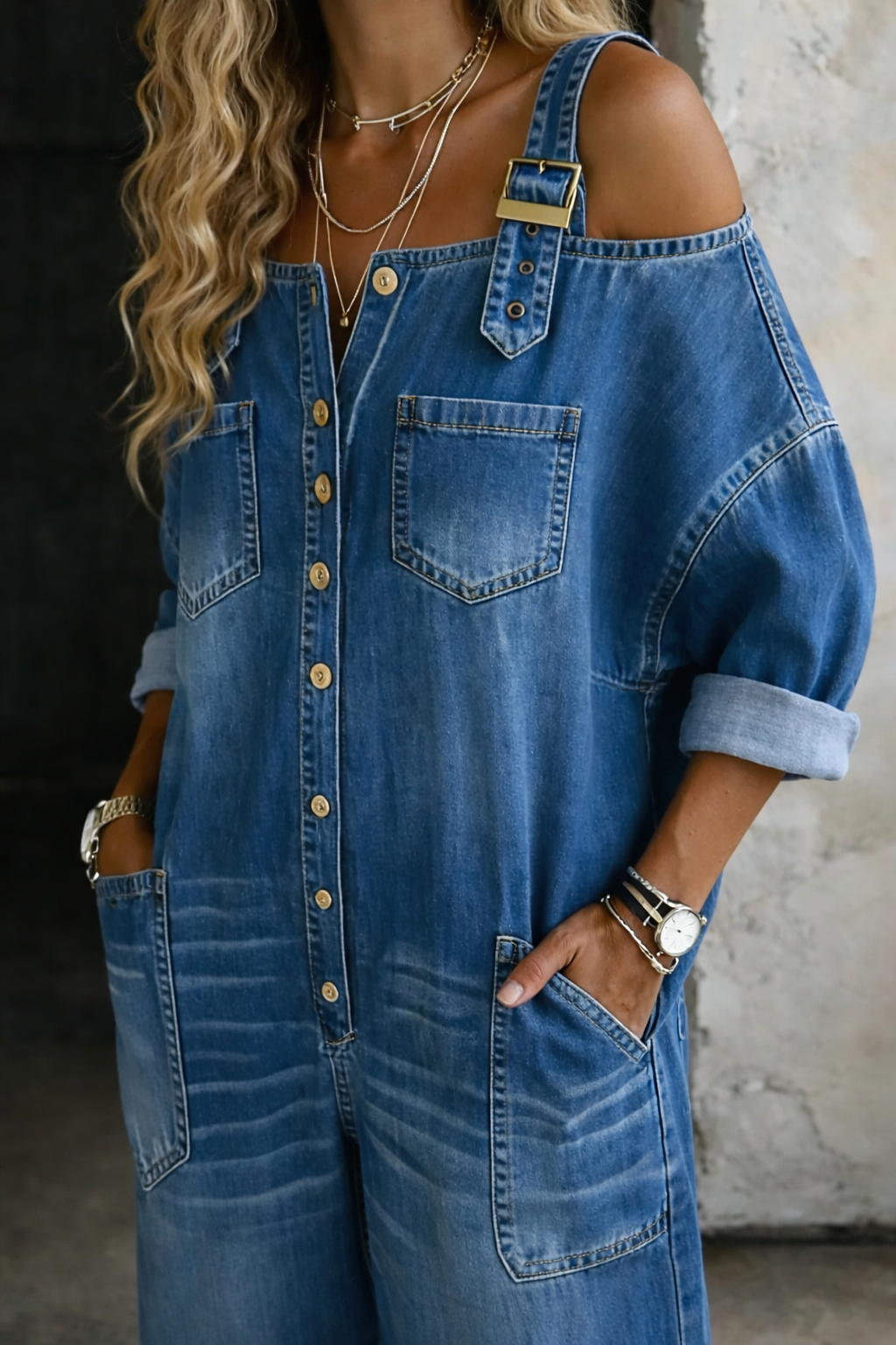 Selma™ | Denim jumpsuit med bar skulder