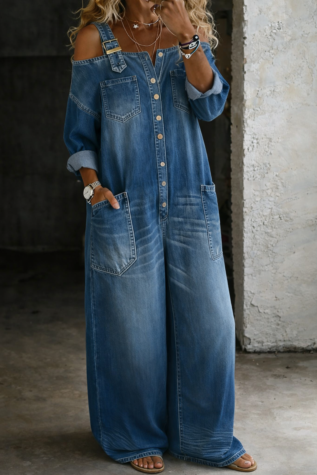 Selma™ | Denim jumpsuit med bar skulder