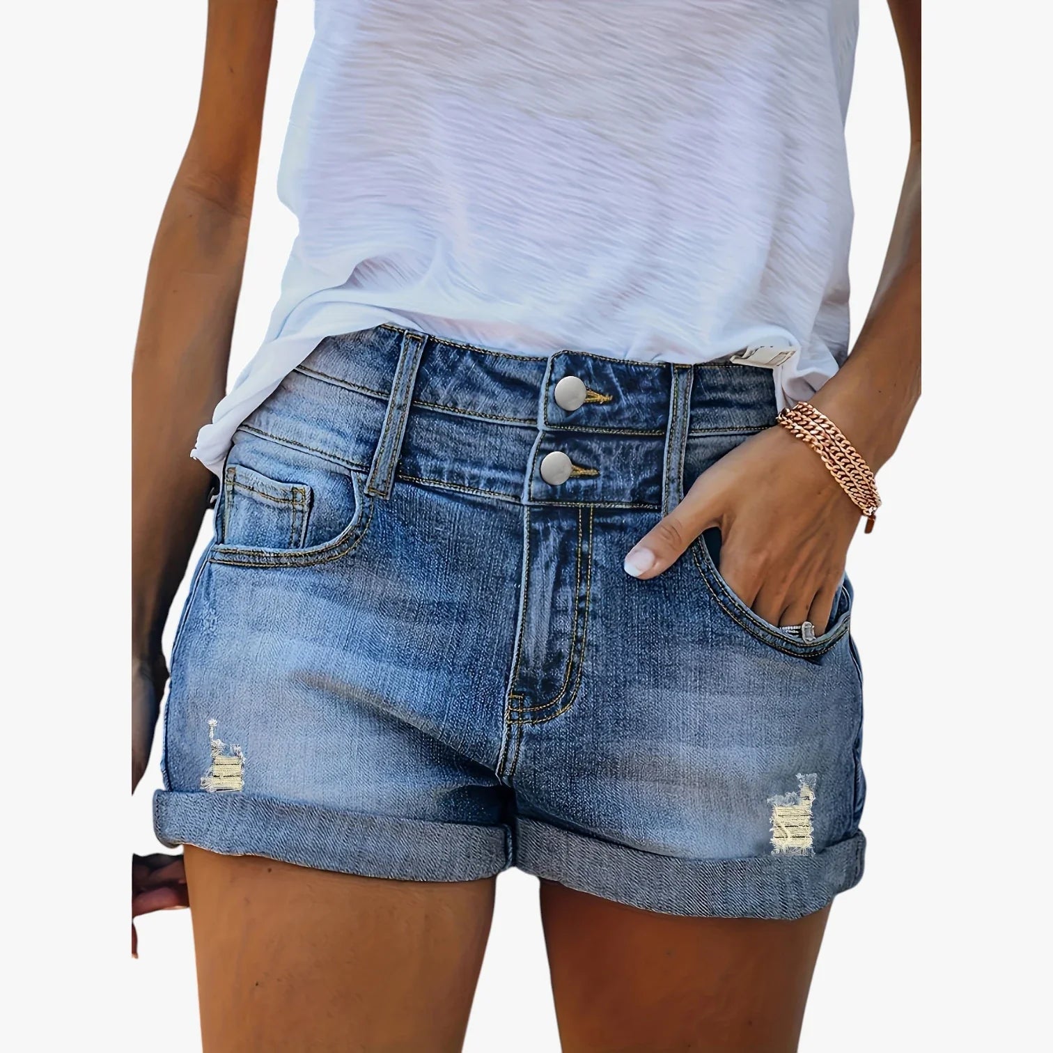 Dame Afslappede Denim Shorts med Lommer og Knapper