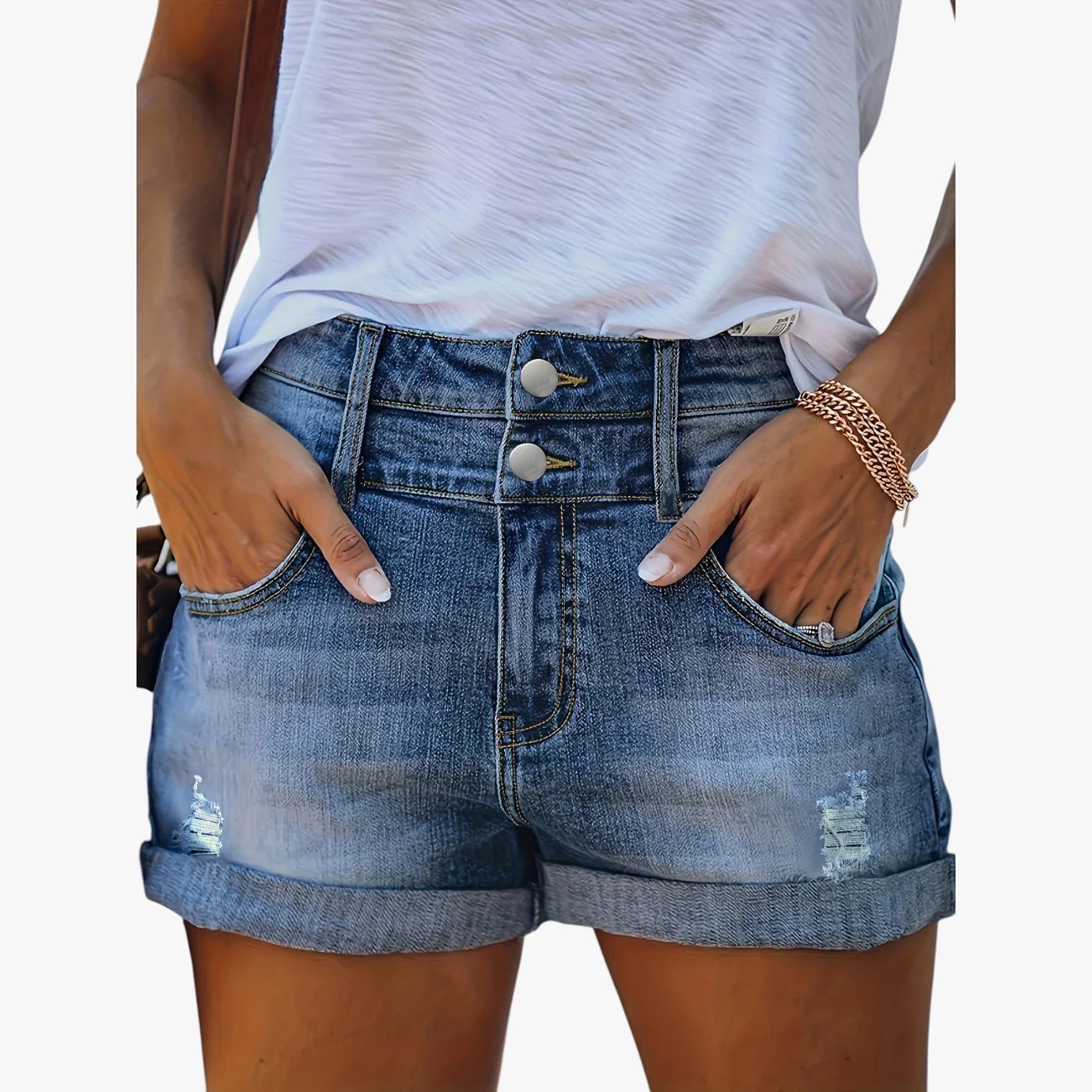 Dame Afslappede Denim Shorts med Lommer og Knapper