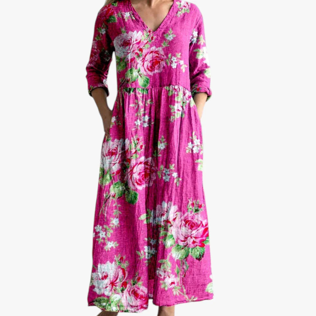 Dame Blomstret Maxi Sommerkjole med Lange Ærmer