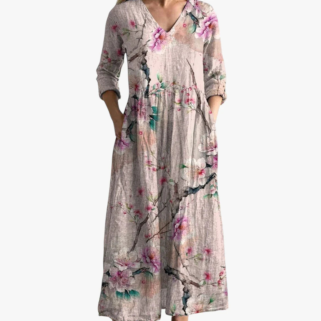 Dame Blomstret Maxi Sommerkjole med Lange Ærmer