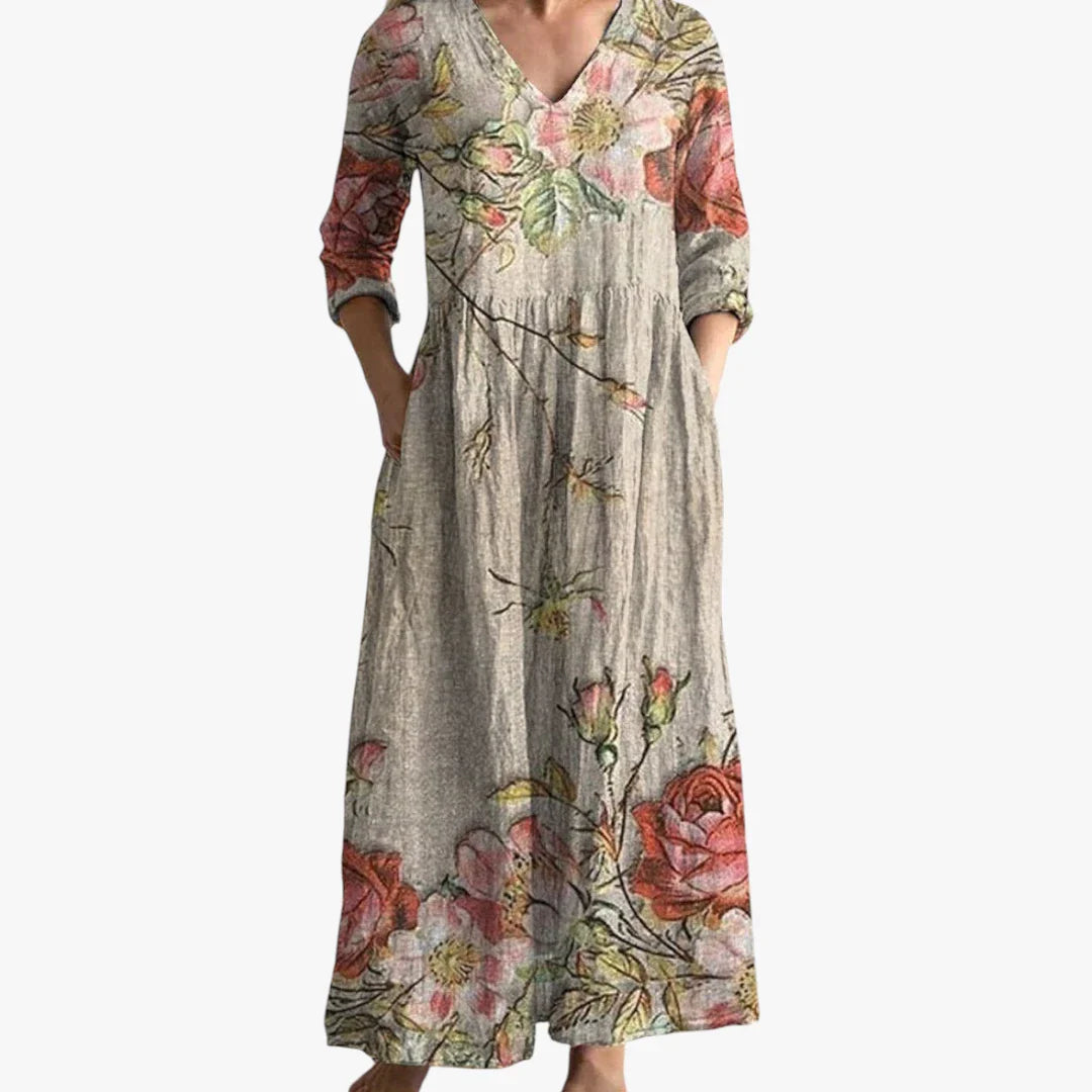 Dame Blomstret Maxi Sommerkjole med Lange Ærmer