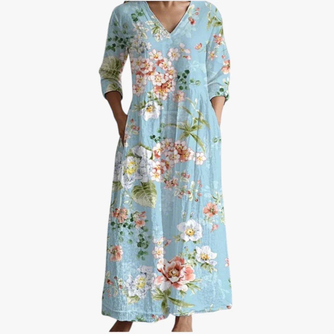 Dame Blomstret Maxi Sommerkjole med Lange Ærmer
