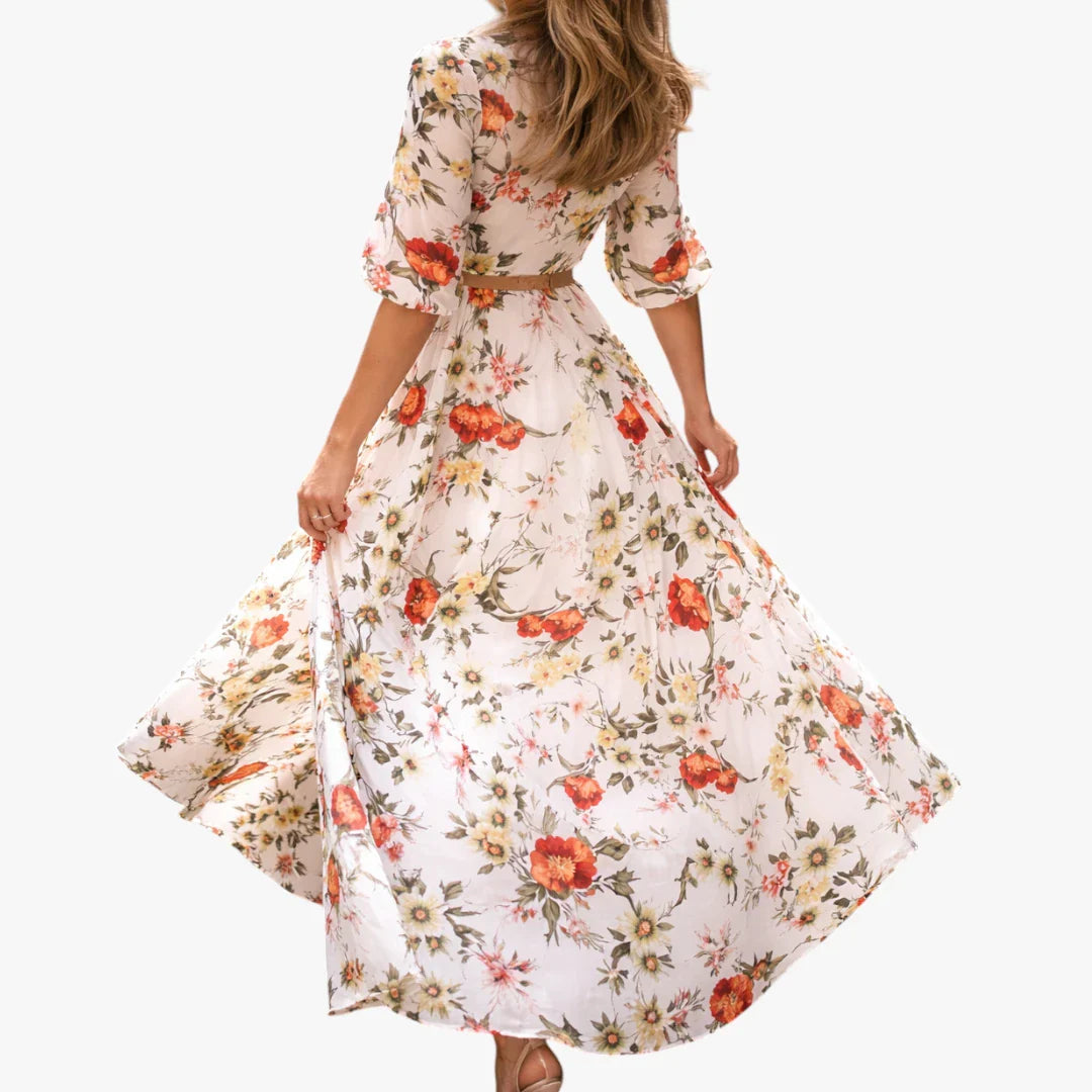 Dame Blomstret Maxi Sommerkjole med Pufærmer