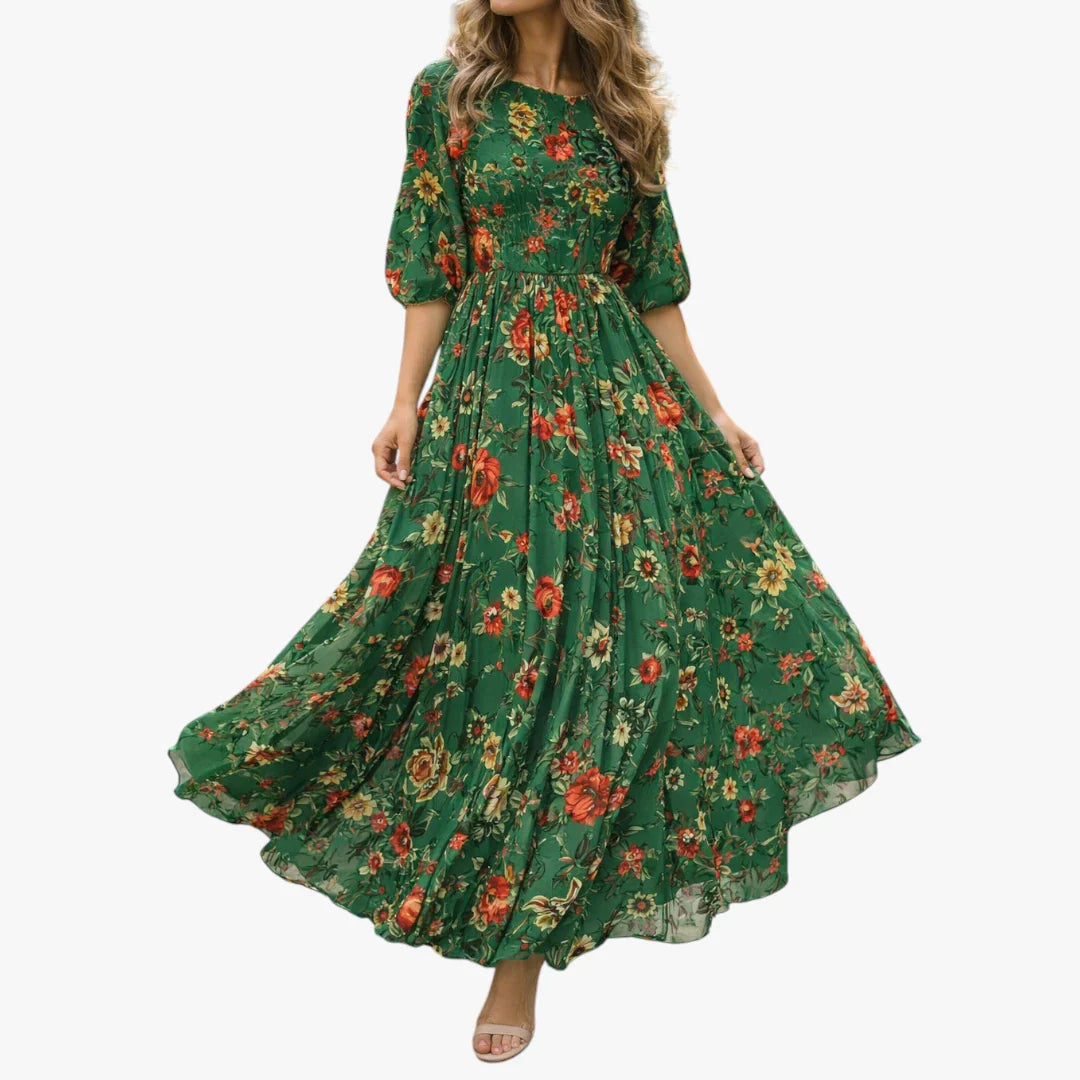 Dame Blomstret Maxi Sommerkjole med Pufærmer
