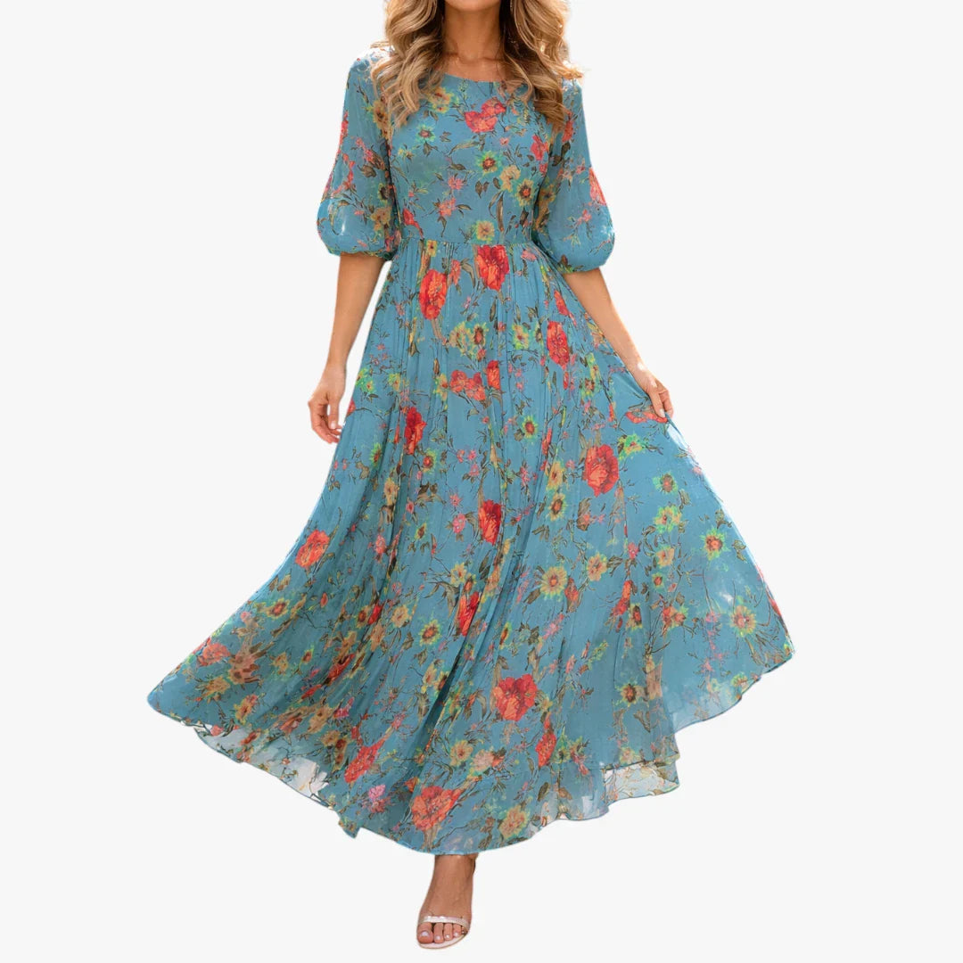 Dame Blomstret Maxi Sommerkjole med Pufærmer