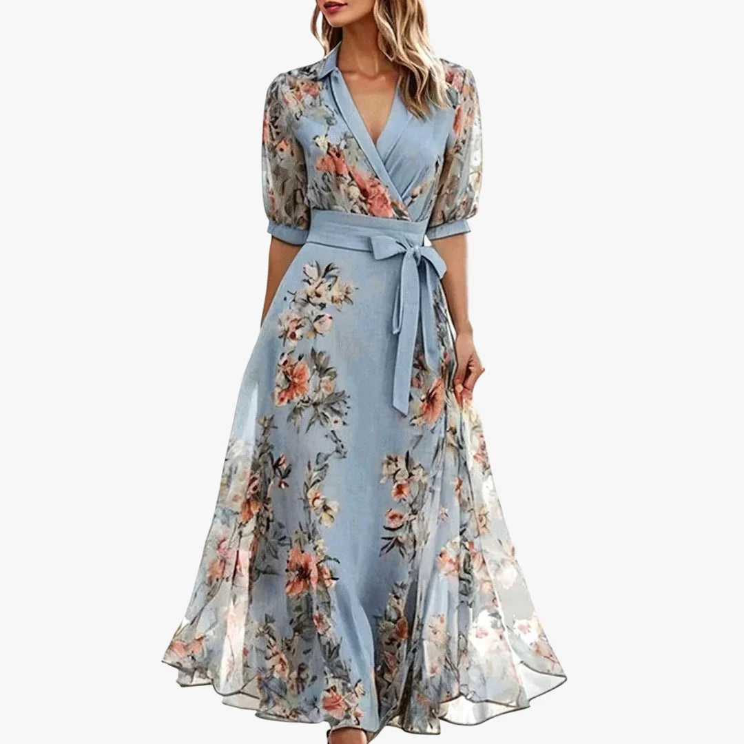 Dame Blomstret Maxi Sommerkjole med Ribbon og Krave