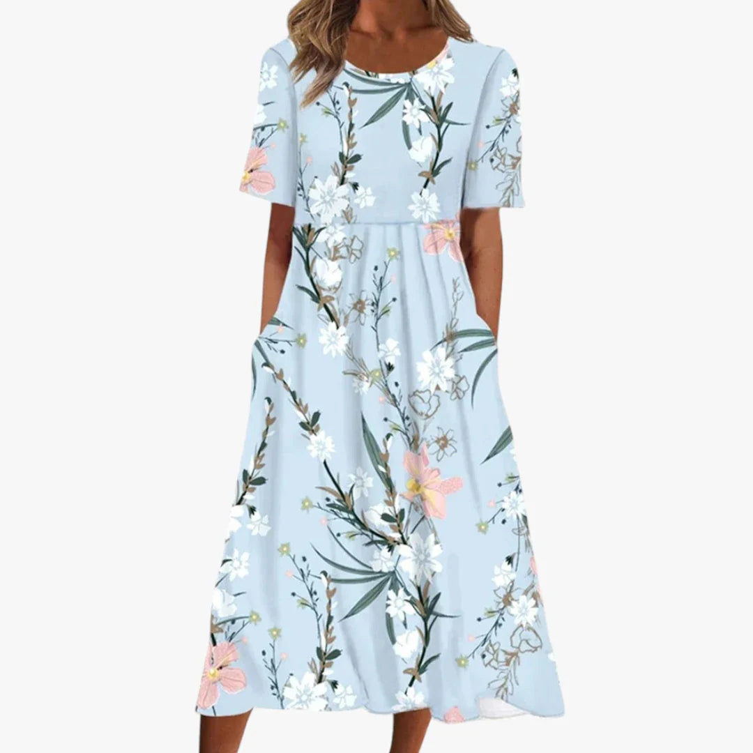 Dame Blomstret Midi Sommerkjole med Ærmer