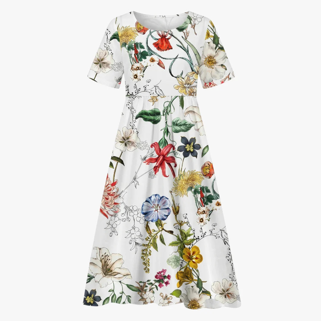 Dame Blomstret Midi Sommerkjole med Ærmer