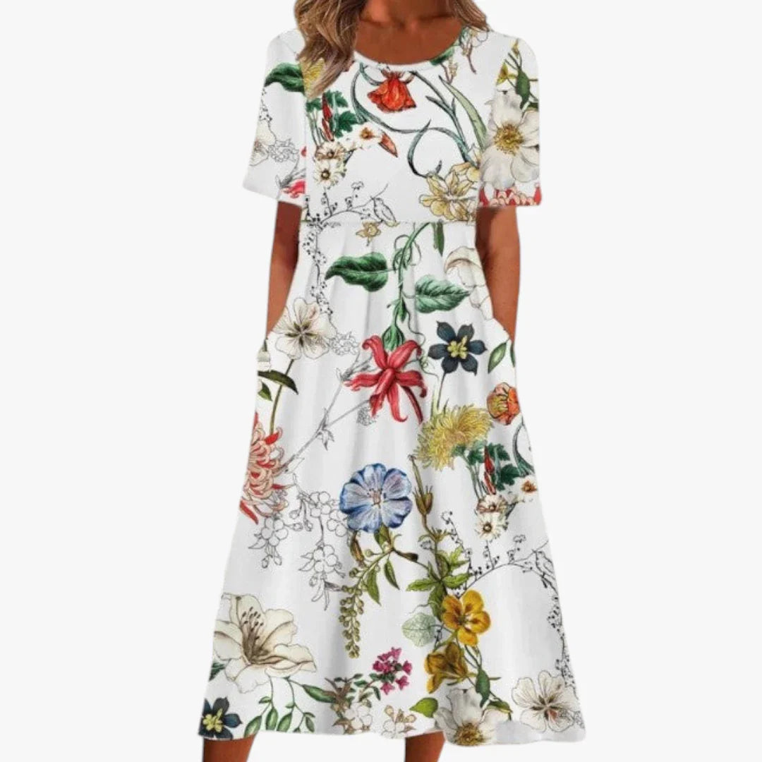Dame Blomstret Midi Sommerkjole med Ærmer