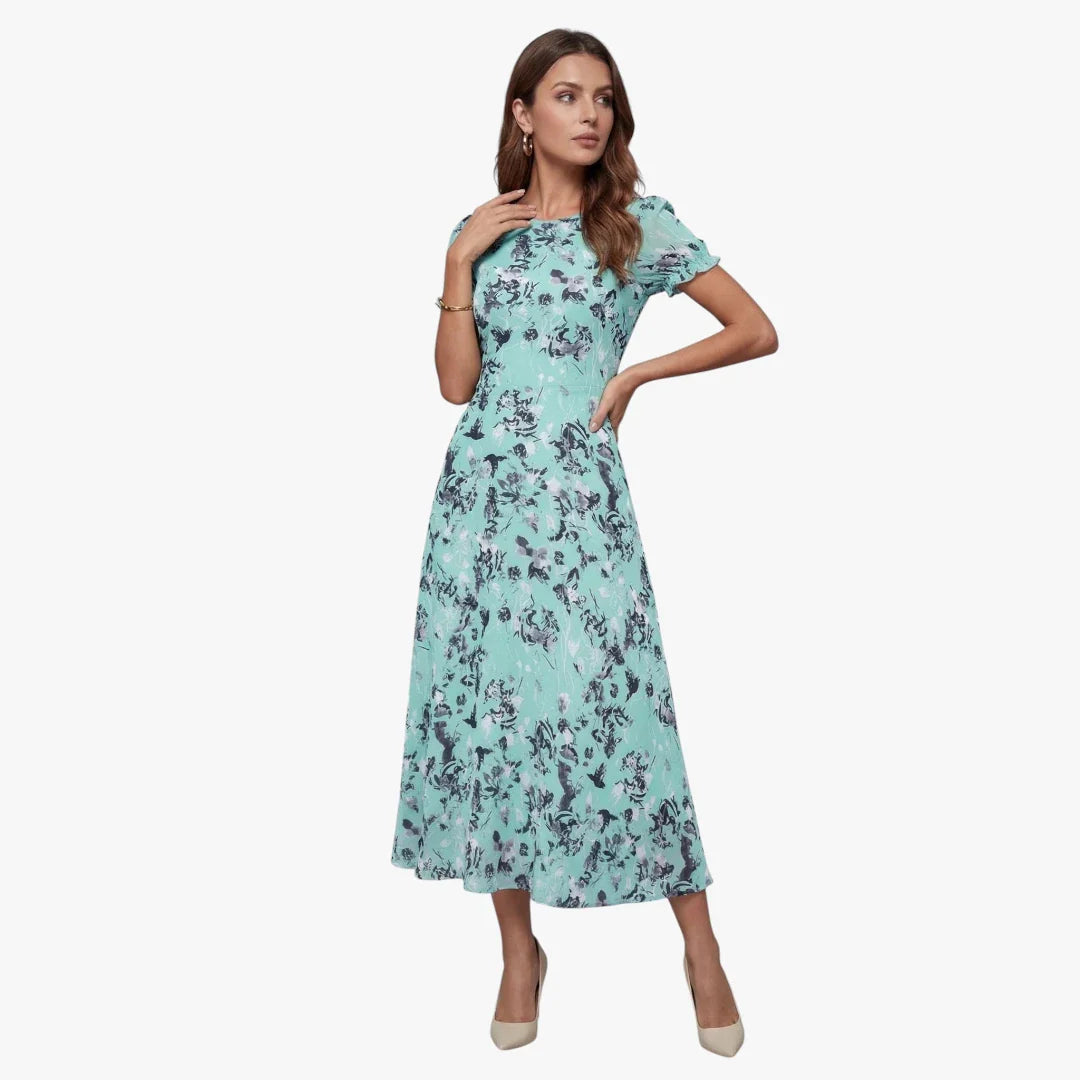 Dame Blomstret Midi Sommerkjole med Kort Ærmer