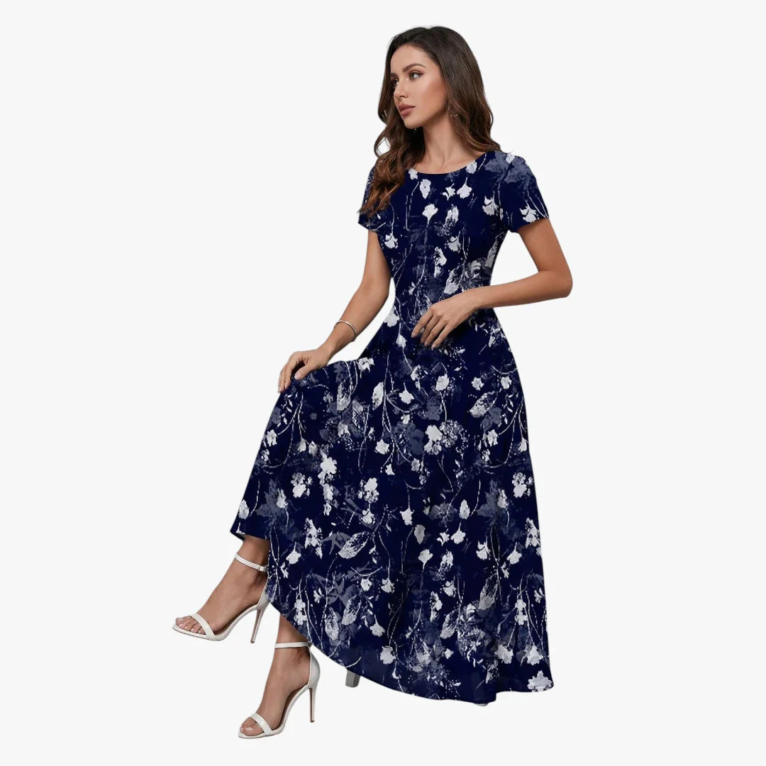 Dame Blomstret Midi Sommerkjole med Kort Ærmer