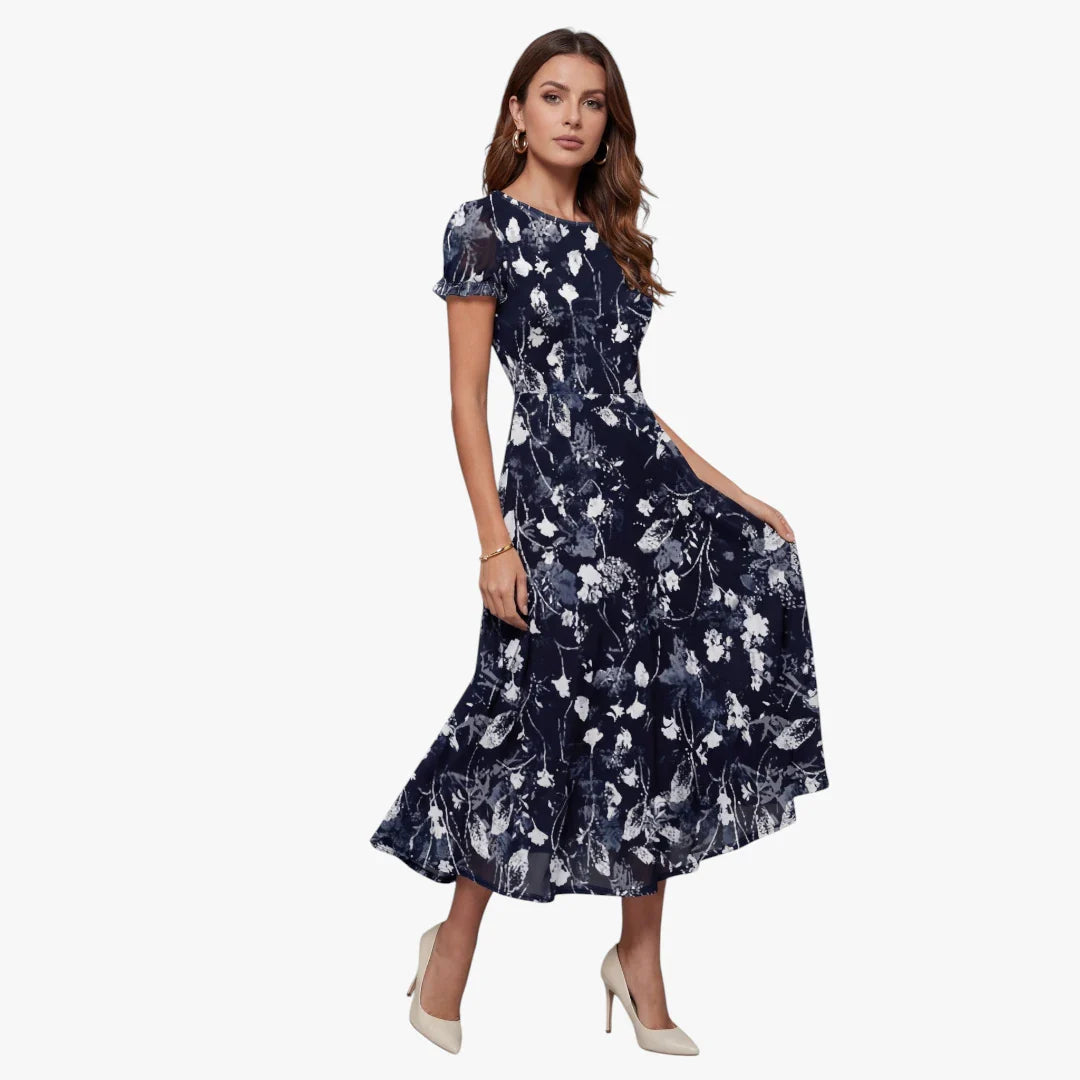 Dame Blomstret Midi Sommerkjole med Kort Ærmer