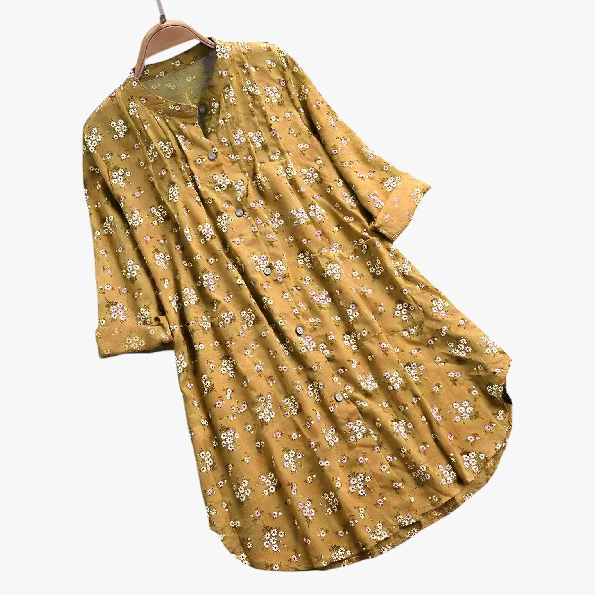 Dame Blomstret Skjortebluse med Kinakrave og V-Udskæring
