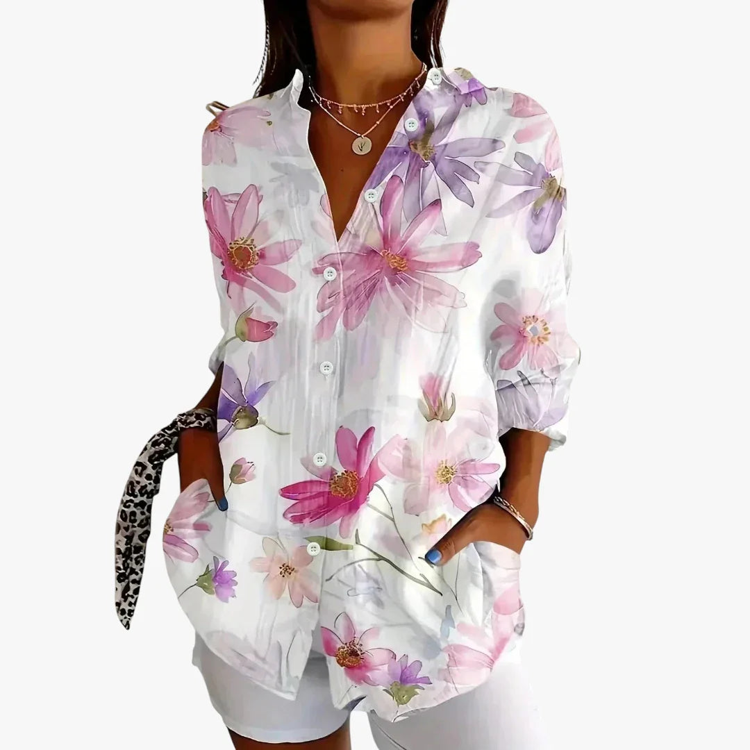 Dame Blomstret Skjortebluse med Knapper