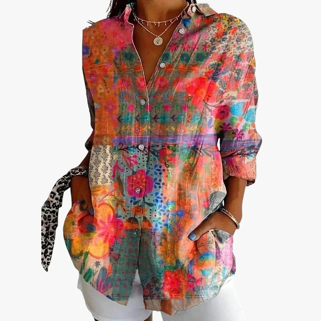 Dame Blomstret Skjortebluse med Knapper
