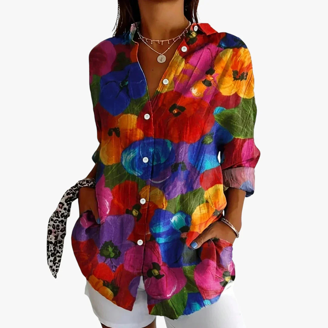 Dame Blomstret Skjortebluse med Knapper