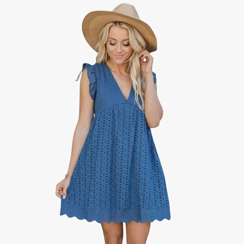 Dame Blonde Mini Sommerkjole med Flæser