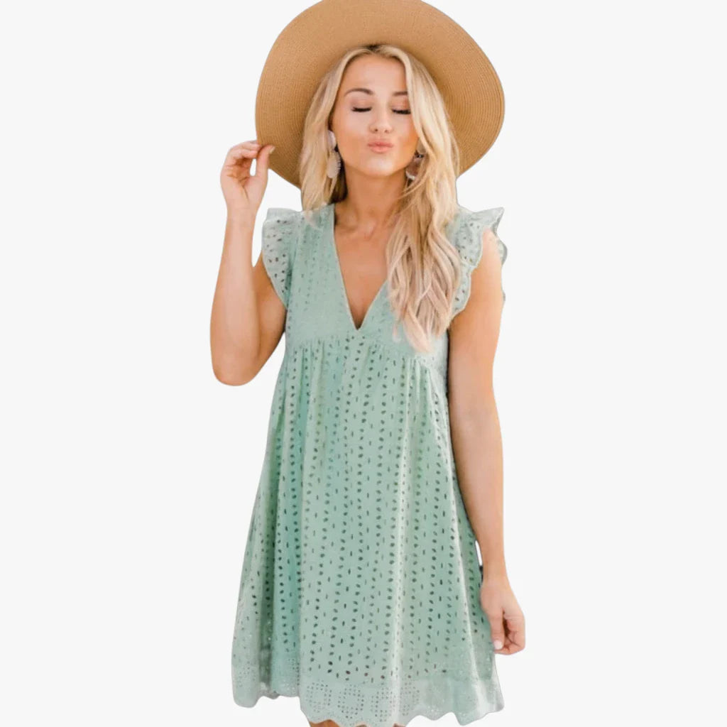 Dame Blonde Mini Sommerkjole med Flæser