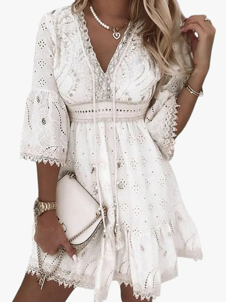 Dame Boho Mini Sommerkjole med Blonder