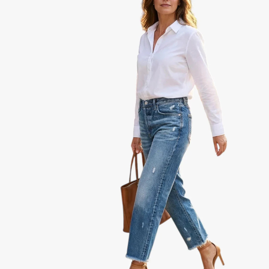 Dame Cropped Jeans med Lommer og Vidde i Benene