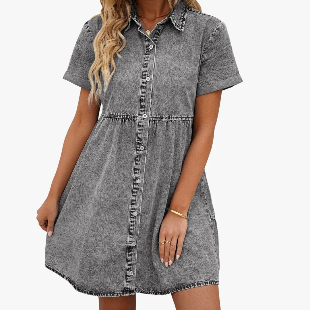 Dame Denim Mini Sommerkjole med Kraven