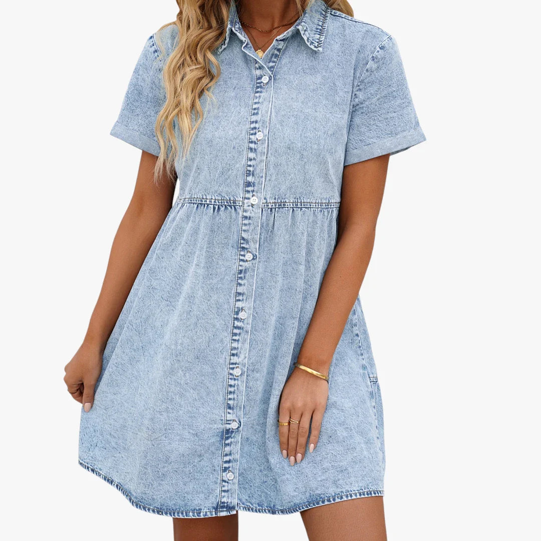 Dame Denim Mini Sommerkjole med Kraven
