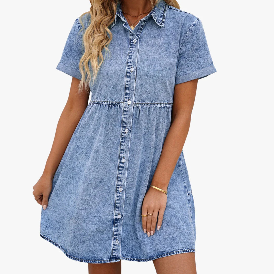 Dame Denim Mini Sommerkjole med Kraven