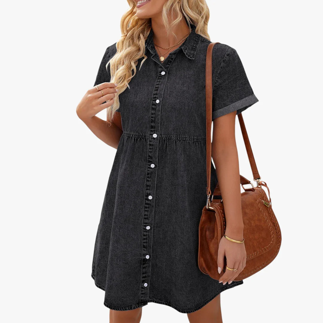Dame Denim Mini Sommerkjole med Kraven