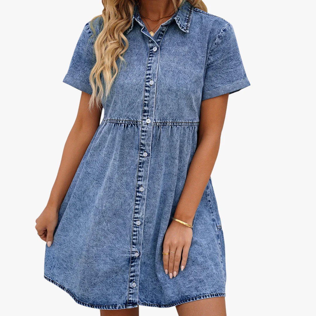 Dame Denim Mini Sommerkjole med Kraven