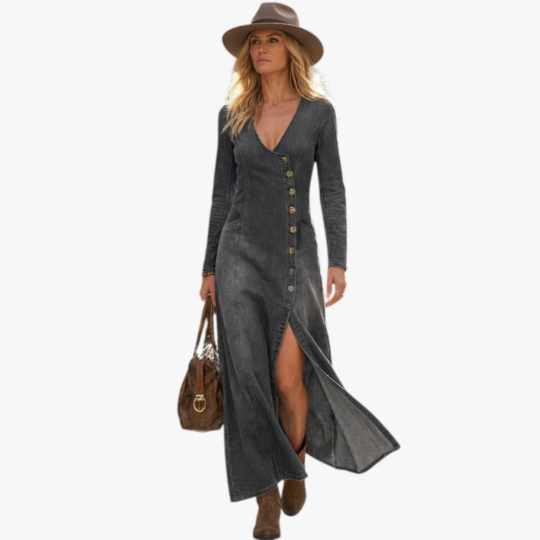 Dame Elegant Maxi Denimkjole med Knapper