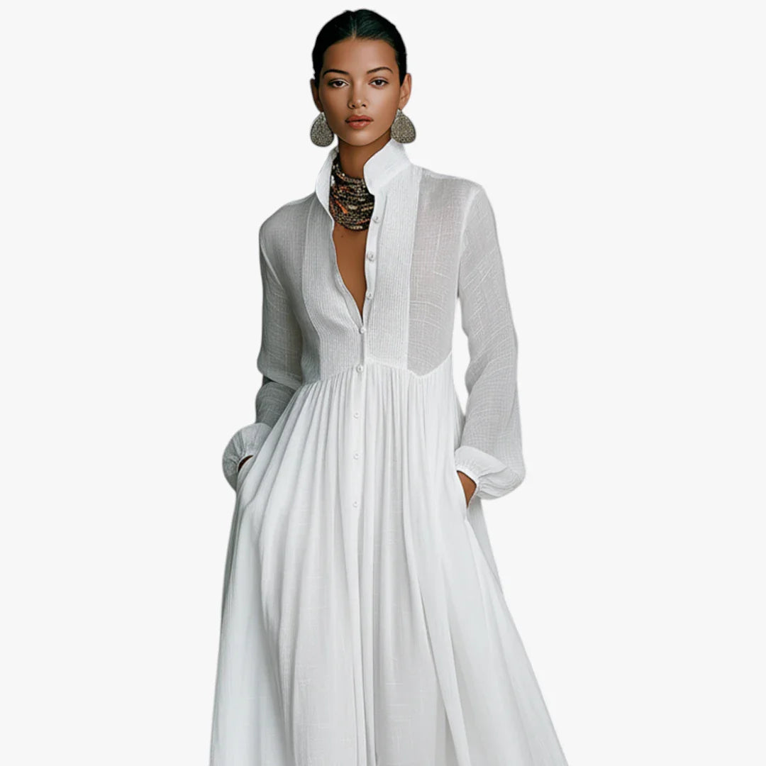 Dame Elegant Maxi Sommerkjole med Knapper og Krave