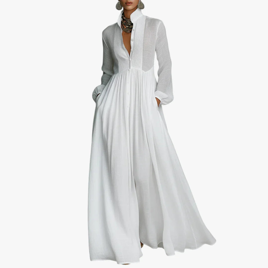 Dame Elegant Maxi Sommerkjole med Knapper og Krave