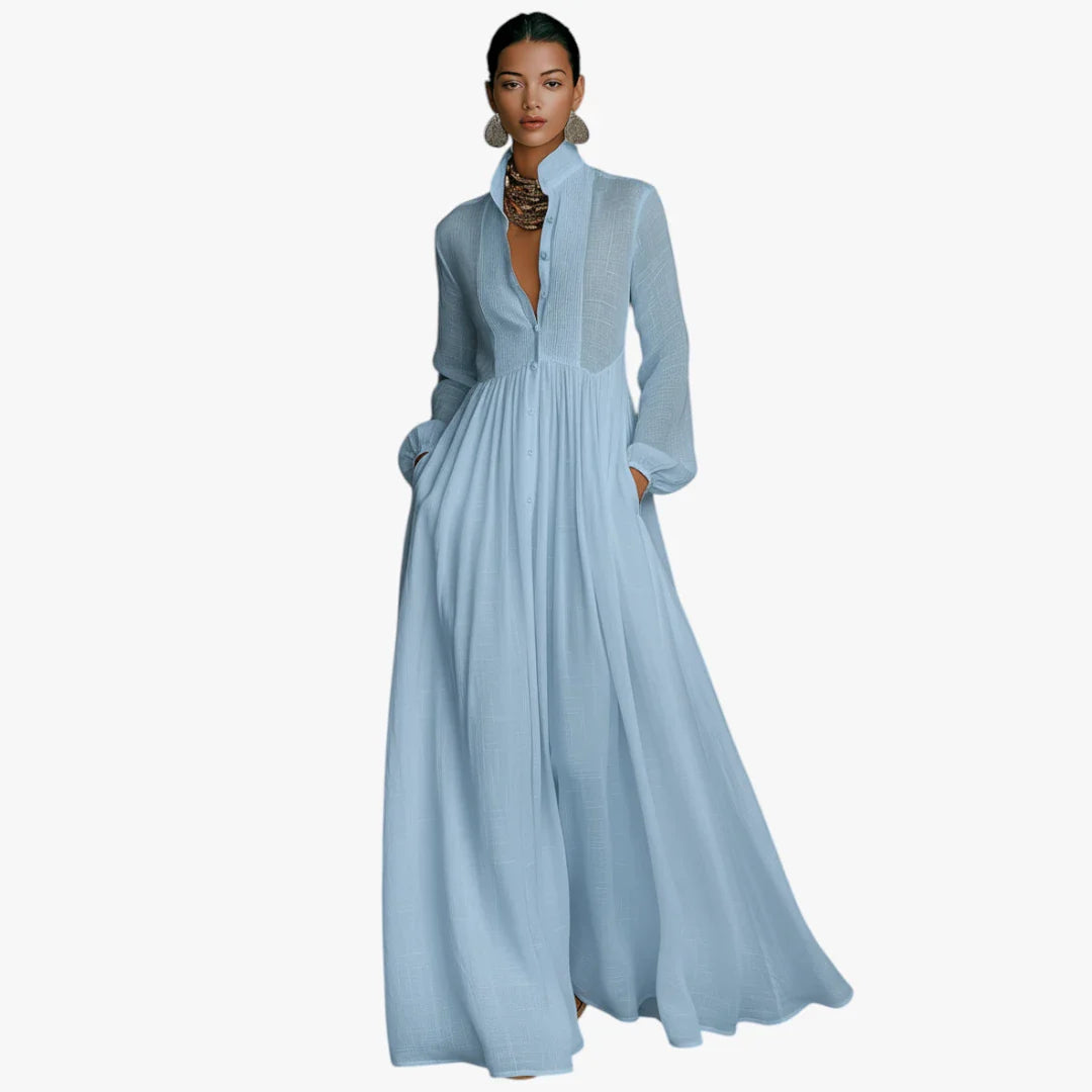 Dame Elegant Maxi Sommerkjole med Knapper og Krave