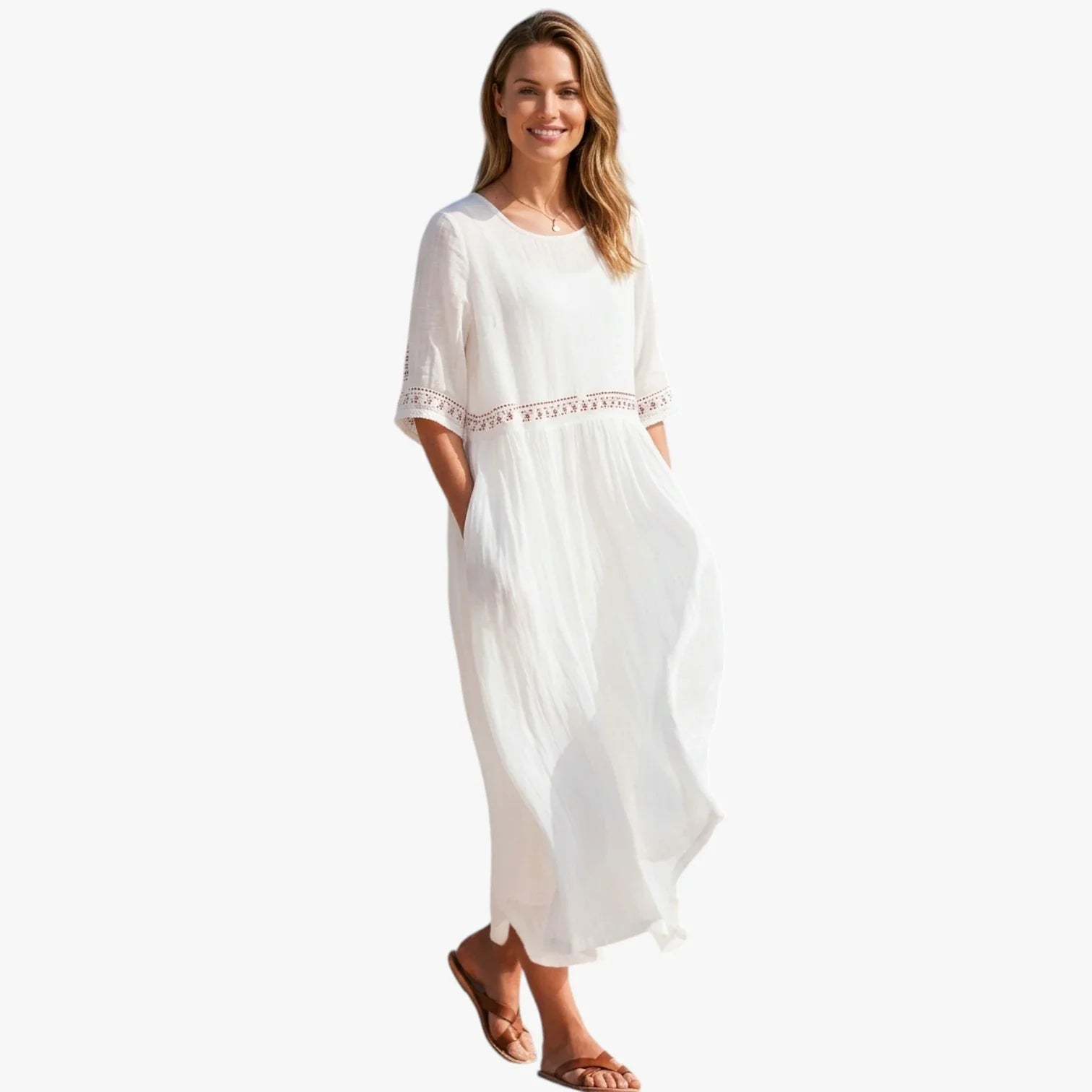 Dame Elegant Midi Sommerkjole med Broderi