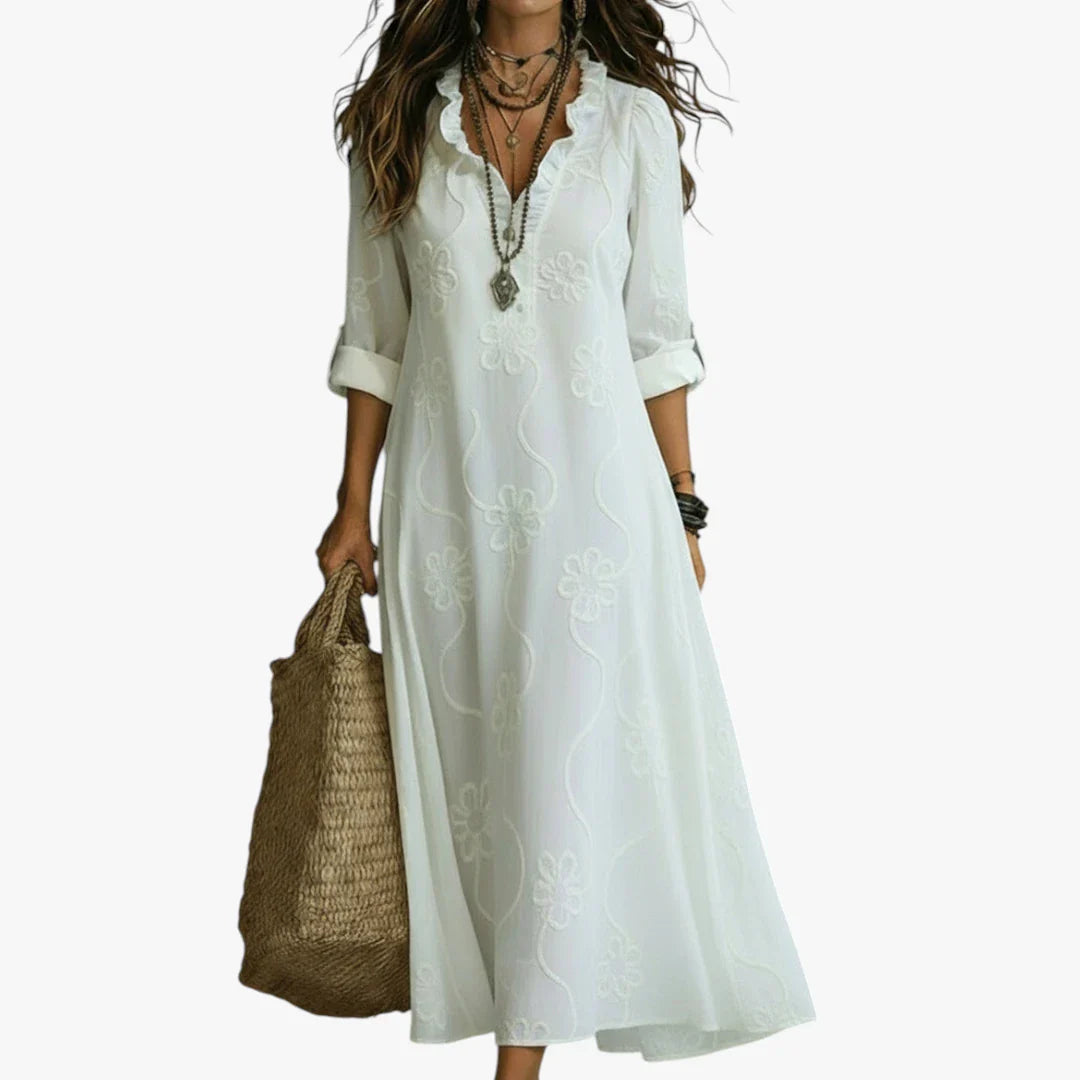 Dame Elegant Midi Sommerkjole med Flæser og Med Blomster