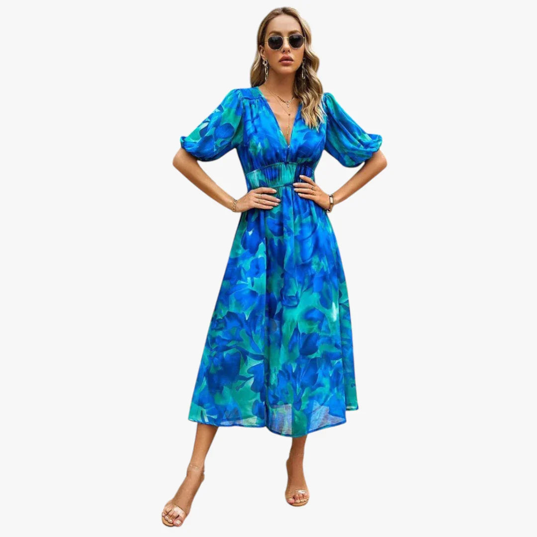 Dame Elegant Midi Sommerkjole med Smock og Blomster