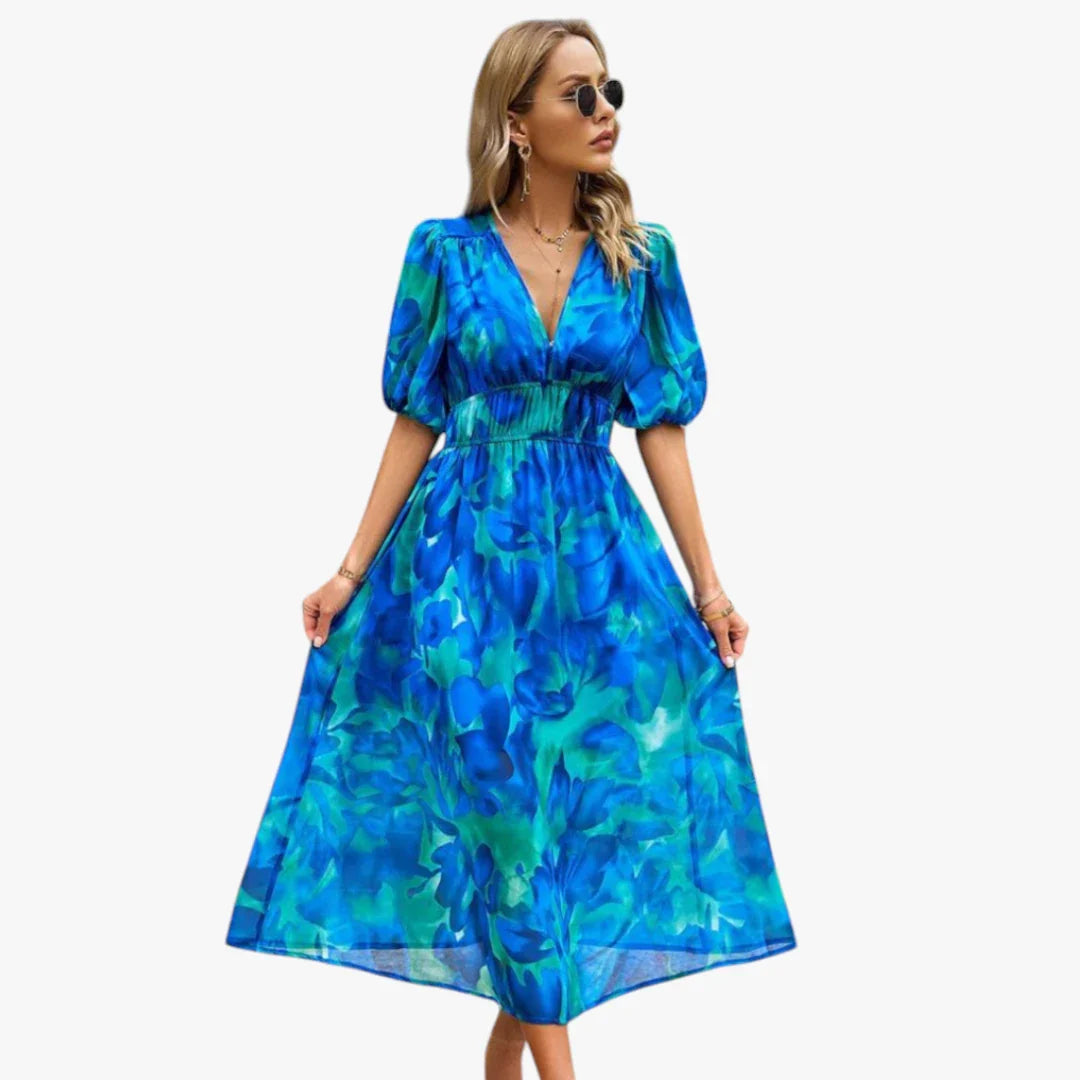 Dame Elegant Midi Sommerkjole med Smock og Blomster