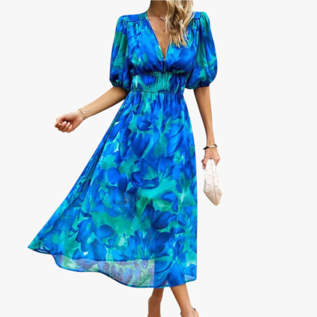 Dame Elegant Midi Sommerkjole med Smock og Blomster