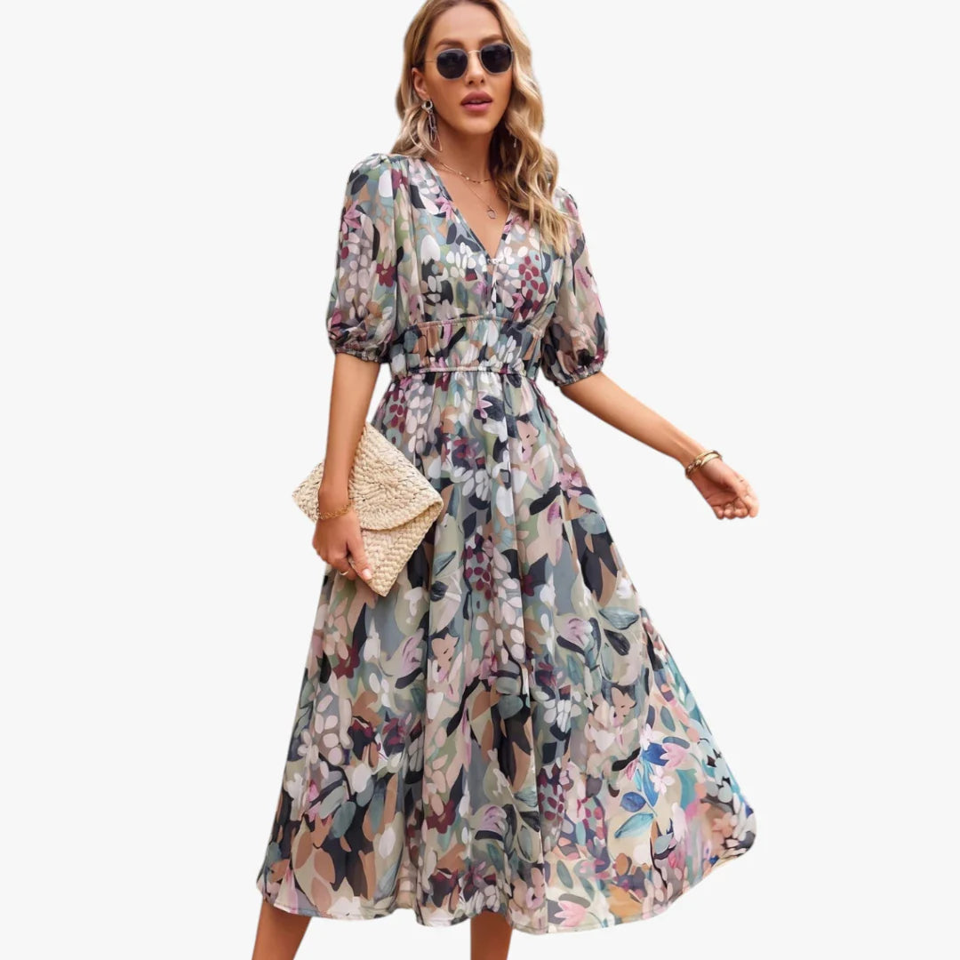 Dame Elegant Midi Sommerkjole med Smock og Blomster