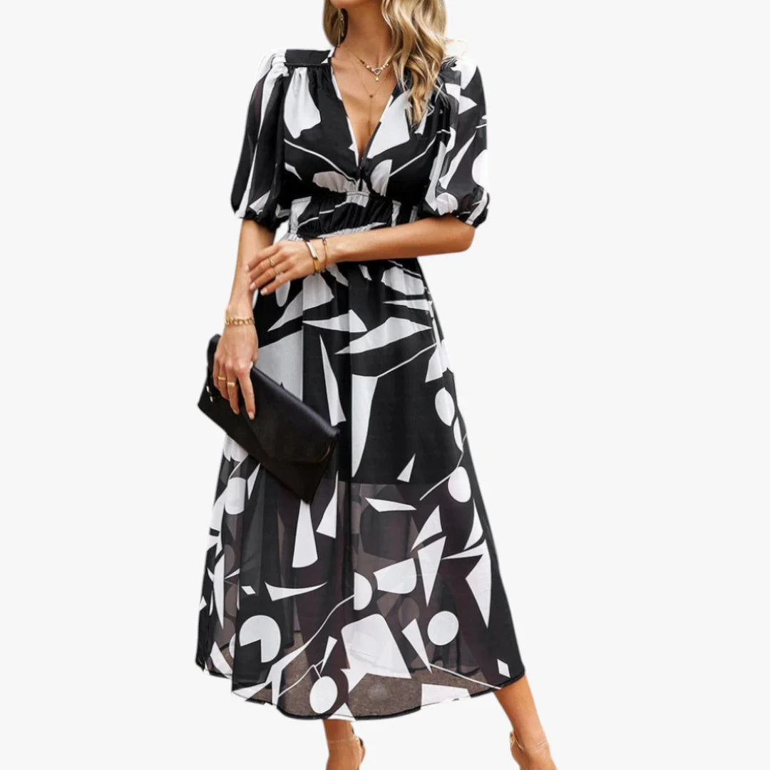 Dame Elegant Midi Sommerkjole med Smock og Blomster