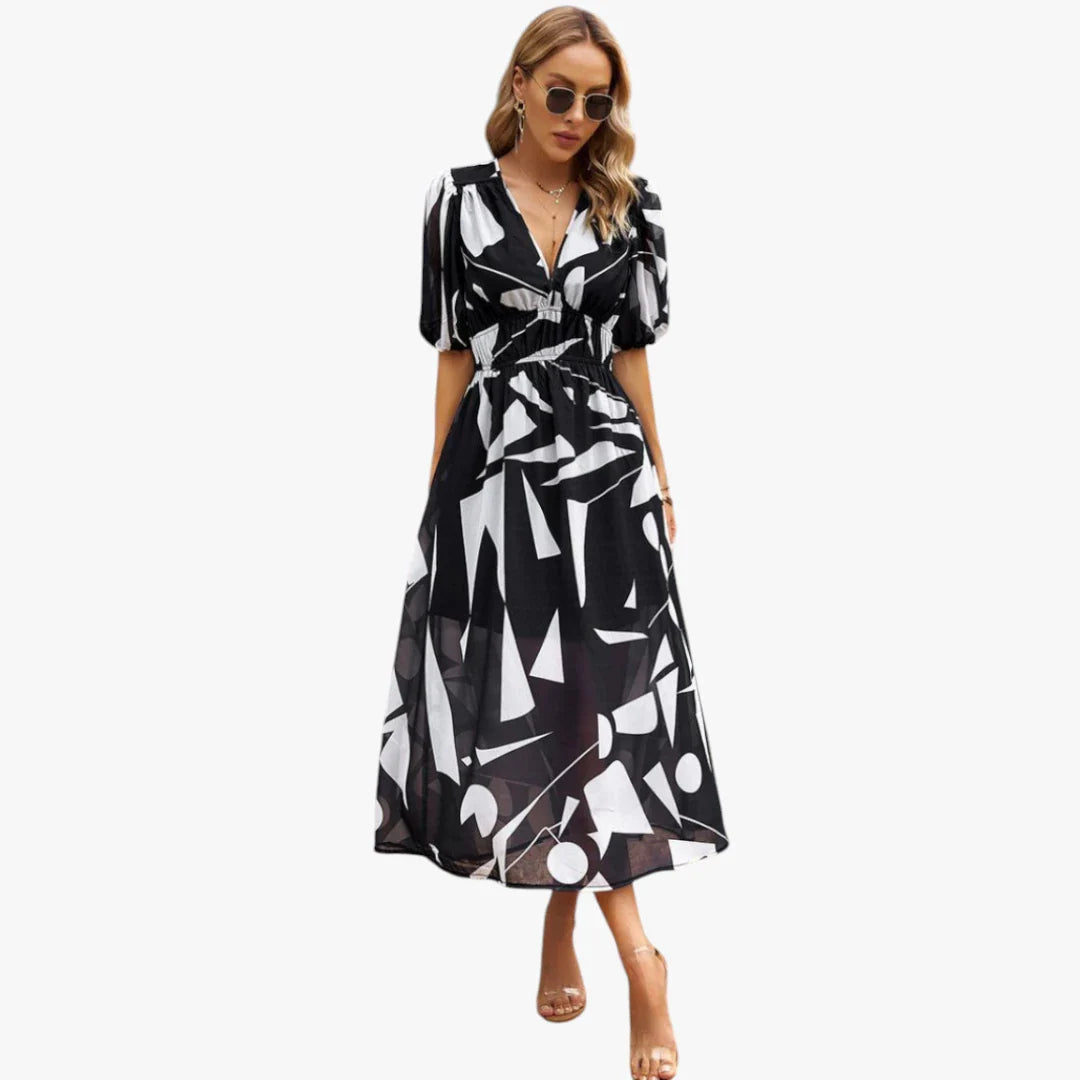Dame Elegant Midi Sommerkjole med Smock og Blomster
