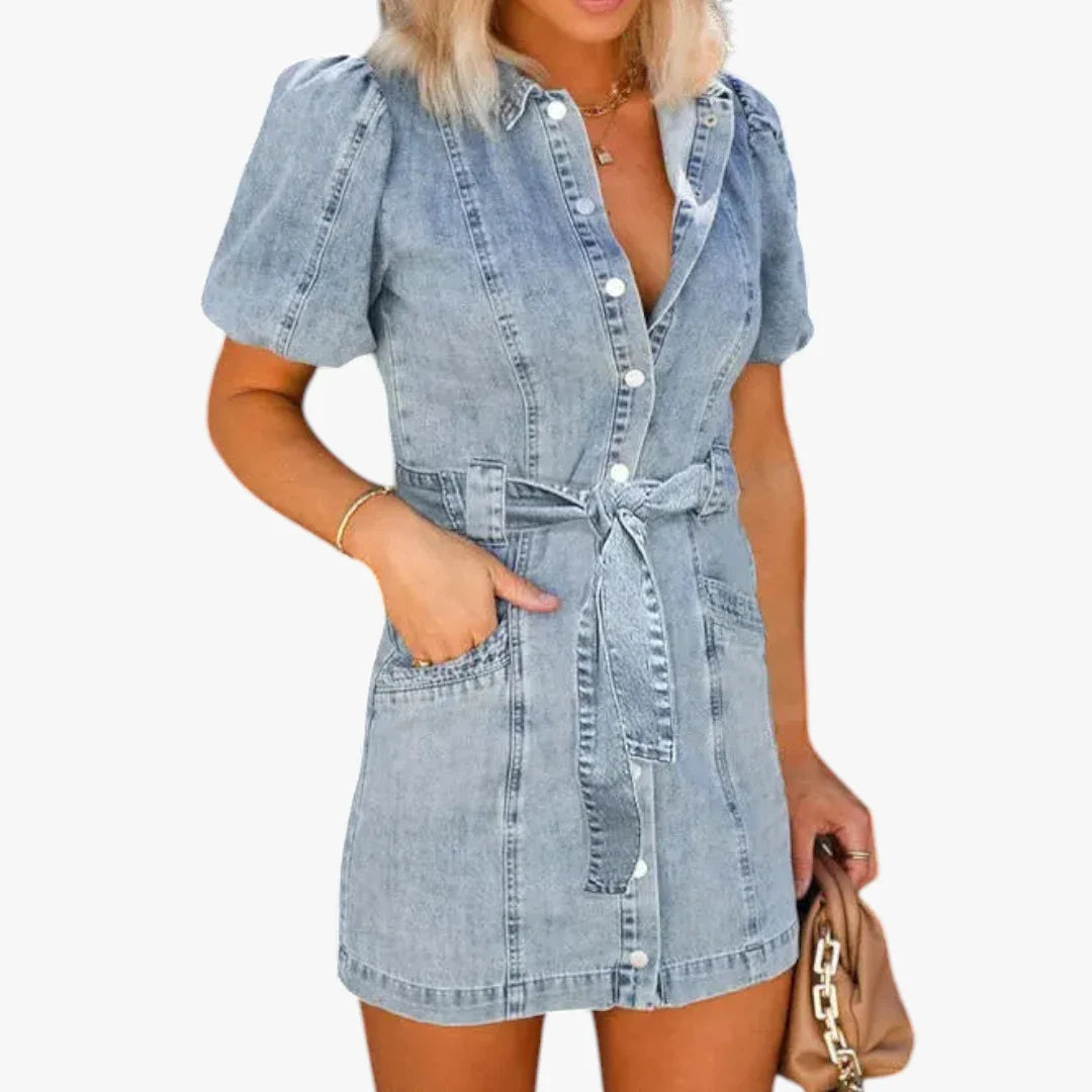 Dame Elegant Mini Denimkjole med Pufærmer