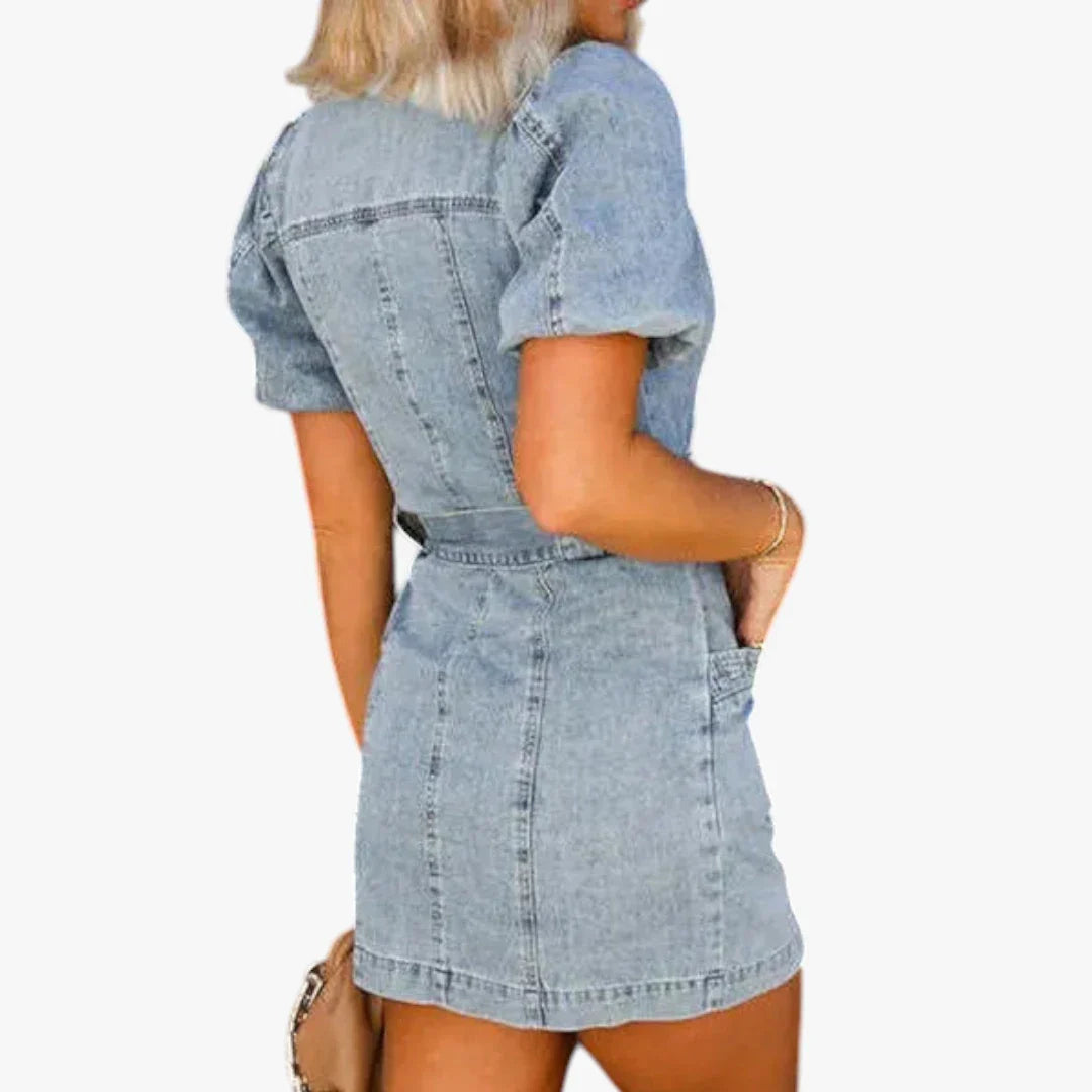 Dame Elegant Mini Denimkjole med Pufærmer