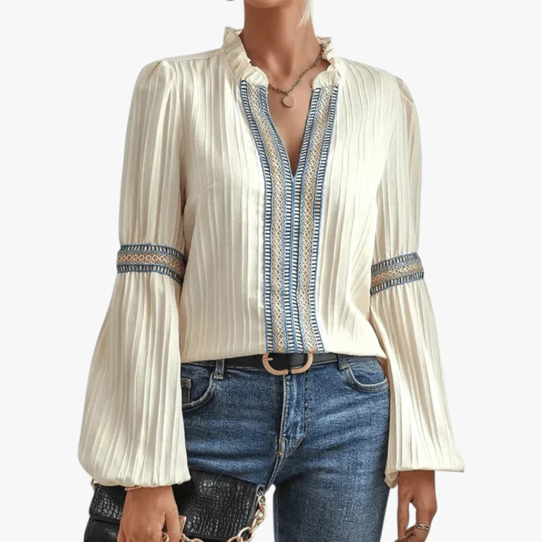 Dame Elegant Sommerbluse med Broderi og V-Udskæring